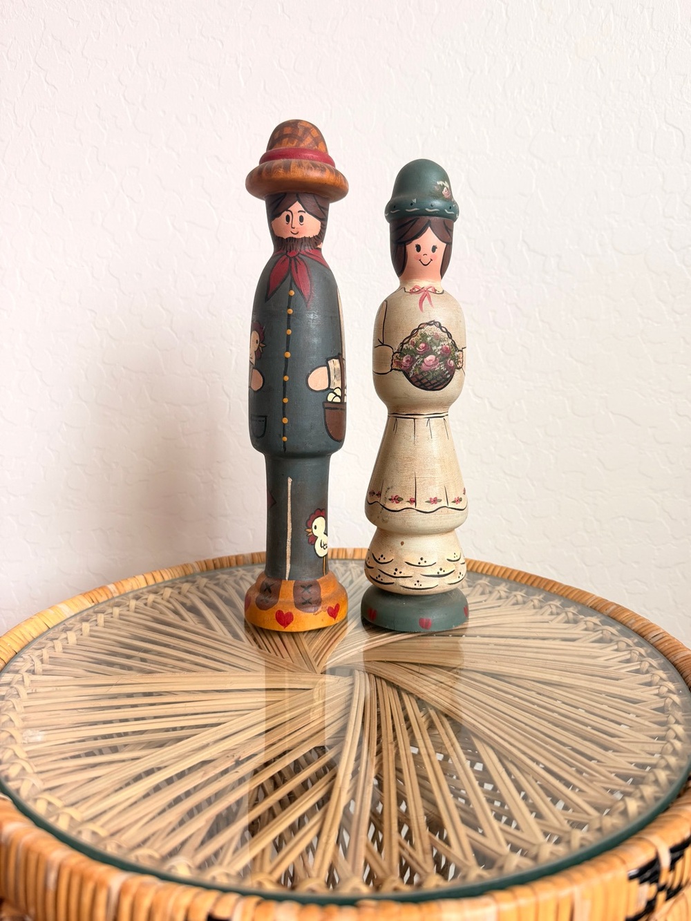 Hand-Painted Wooden Folk Dolls - Blue & Cream